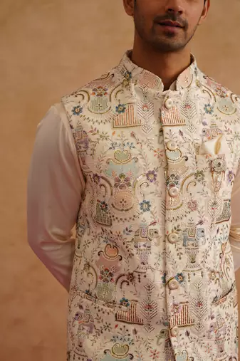 Multicolor nehru jacket  kurta set with thread and sequins embroidery on silk