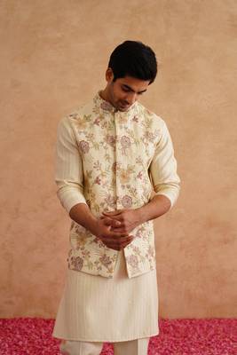 Light yellow nehru jacket  kurta set with hand embroidery on silk 1