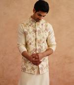 Light yellow waistcoat kurta set with hand embroidery on silk