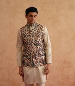 Beige waistcoat kurta set with multicolor thread and sequins embroidery on silk