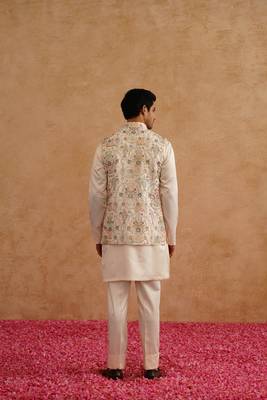 Multicolor nehru jacket  kurta set with thread and sequins embroidery on silk 5