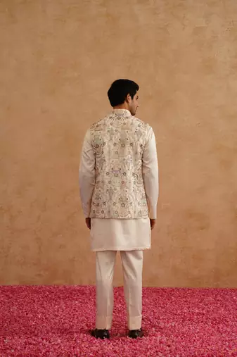 Multicolor nehru jacket  kurta set with thread and sequins embroidery on silk