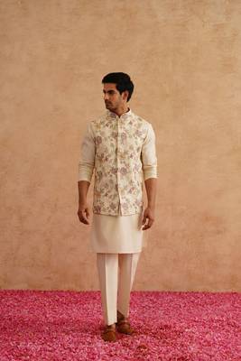 Light yellow nehru jacket  kurta set with hand embroidery on silk 2