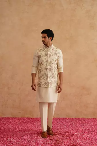 Light yellow nehru jacket  kurta set with hand embroidery on silk