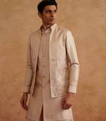 Rose gold open waistcoat kurta set with hand embroidery on silk