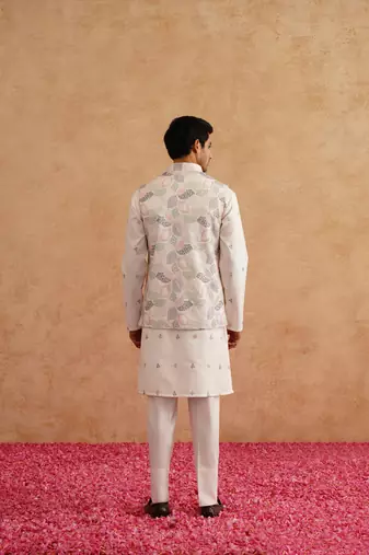 Multicolor nehru jacket  kurta set with thread and sequins embroidery on silk