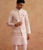 Light pink waistcoat kurta set with thread embroidery on silk