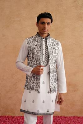 White & black open nehru jacket  kurta set with thread embroidery 1