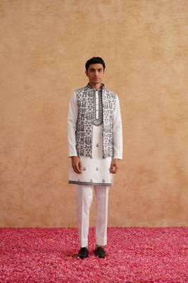 White & black open nehru jacket  kurta set with thread embroidery 2
