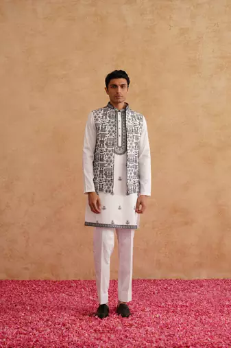 White & black open nehru jacket  kurta set with thread embroidery