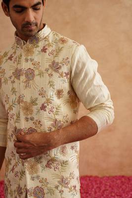 Light yellow nehru jacket  kurta set with hand embroidery on silk 3