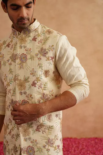 Light yellow nehru jacket  kurta set with hand embroidery on silk