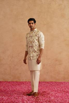 Light yellow nehru jacket  kurta set with hand embroidery on silk 4