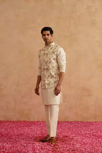 Light yellow nehru jacket  kurta set with hand embroidery on silk
