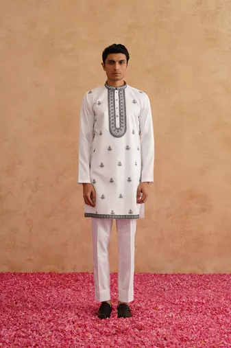 White & black open nehru jacket  kurta set with thread embroidery