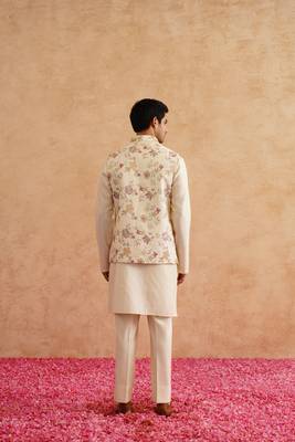 Light yellow nehru jacket  kurta set with hand embroidery on silk 5