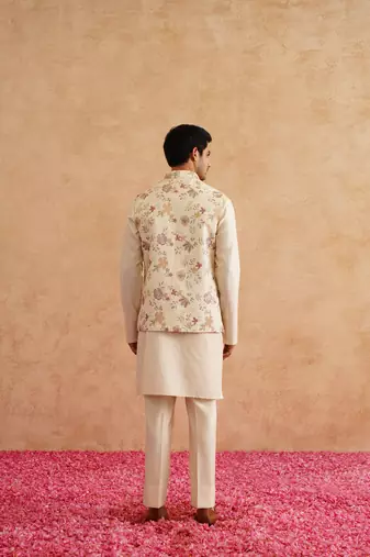 Light yellow nehru jacket  kurta set with hand embroidery on silk