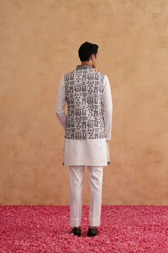 White & black open nehru jacket  kurta set with thread embroidery