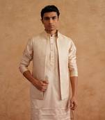 Cream open waistcoat kurta set with thread embroidery on silk