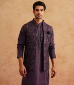 Purple open waistcoat kurta set with thread and sequins embroidery on silk