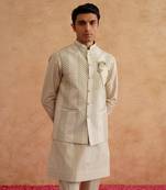 Light green sequins and thread embroidered waistcoat kurta set