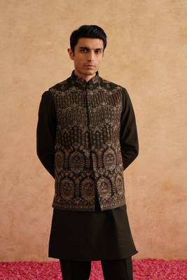 Seaweed green hand embroidered nehru jacket  kurta set 1