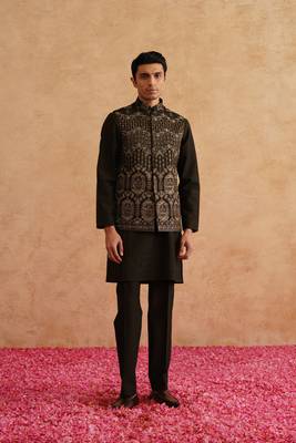 Seaweed green hand embroidered nehru jacket  kurta set 3