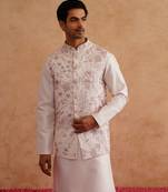 Light pink thread and sequins embroidered waistcoat kurta set on silk