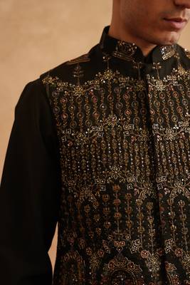 Seaweed green hand embroidered nehru jacket  kurta set 4
