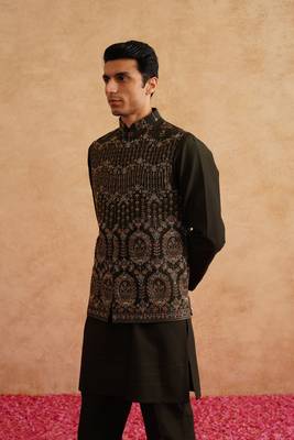 Seaweed green hand embroidered nehru jacket  kurta set 5