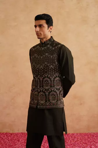 Seaweed green hand embroidered waistcoat kurta set