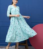 Smer women's cotton printed front open 3/4th sleeves v-neck flare midi dress