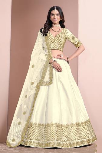 Off White Embroidered Art Silk Designer Lehenga Choli