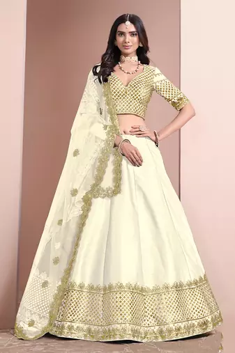 Off White Embroidered Art Silk Designer Lehenga Choli