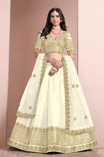 Off White Embroidered Art Silk Designer Lehenga Choli