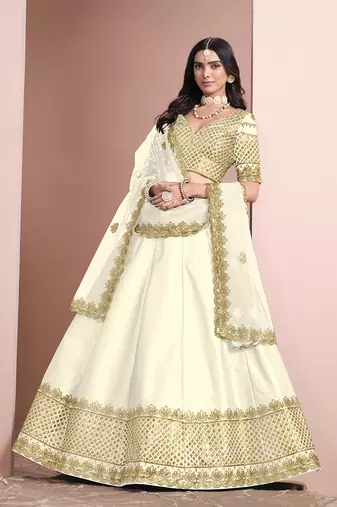 Off White Embroidered Art Silk Designer Lehenga Choli