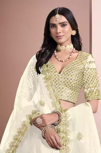 Off White Embroidered Art Silk Designer Lehenga Choli