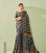 Navy blue ceremonial paisley printed georgette designer saree