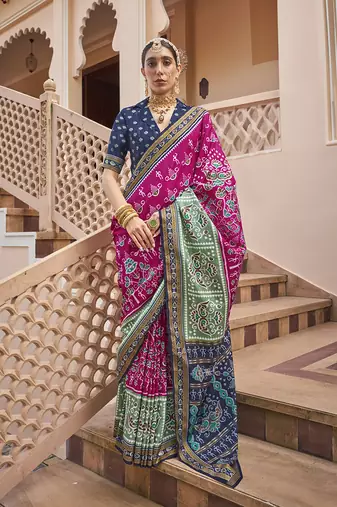 Printed silk blend rani pink classic saree