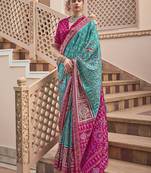 Printed silk blend turquoise classic saree