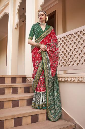 Printed silk blend red classic saree