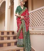 Printed silk blend red classic saree