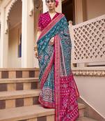 Printed silk blend teal blue classic saree