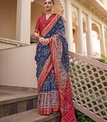 Printed silk blend navy blue classic saree