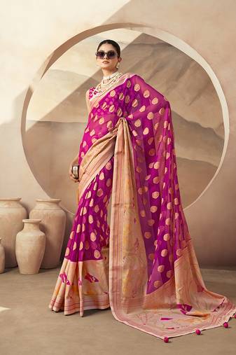 Magenta and rani georgette weaving zari printed classic saree