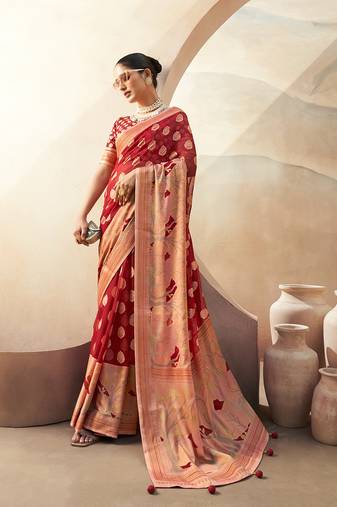 Red georgette weaving zari printed classic saree