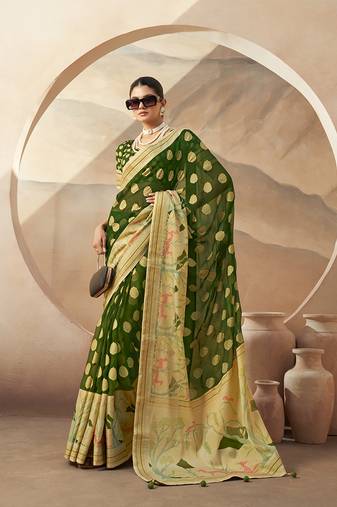 Green georgette weaving zari printed classic saree