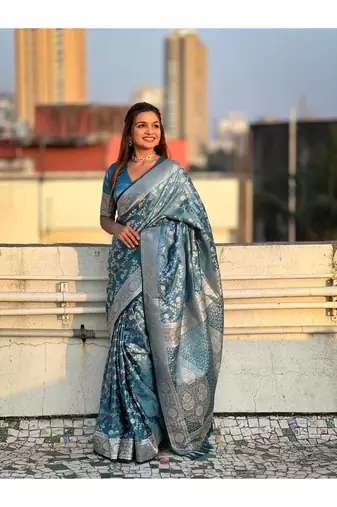 Blue Teal art silk saree for women