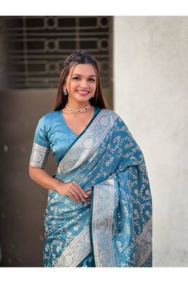 Blue Teal art silk saree for women 4