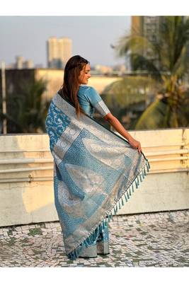 Blue Teal art silk saree for women 5